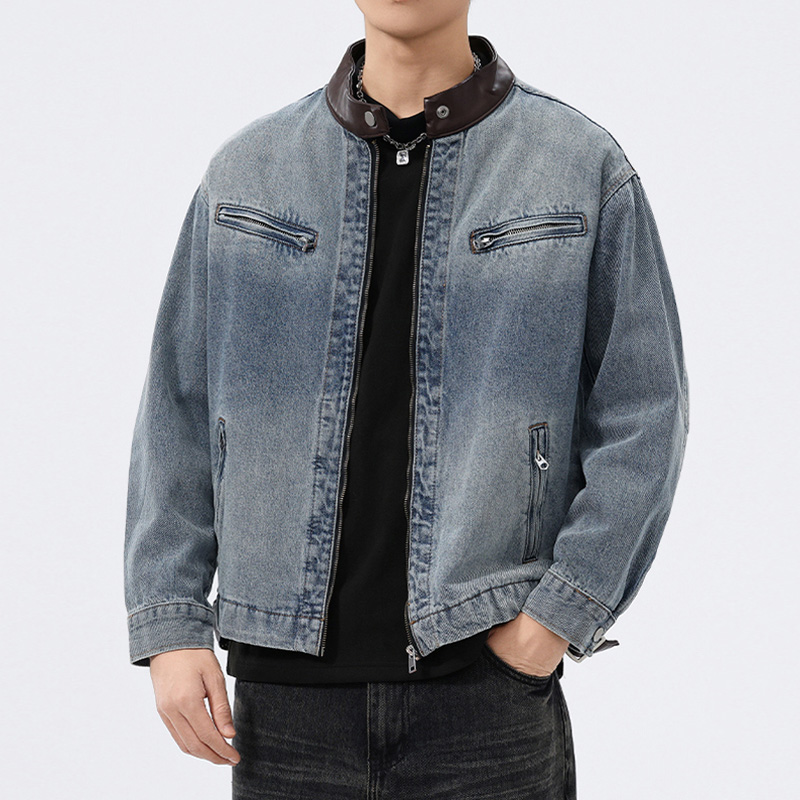 Motorcycle Gear Jeans - Stand Leather Collar Denim Jacket Men